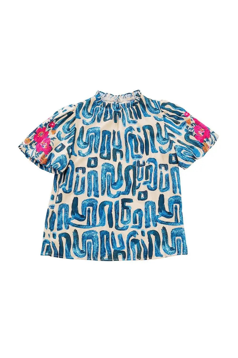 Beige Embroidered Puff Sleeve Frilled Neck Printed Top - Love Salve